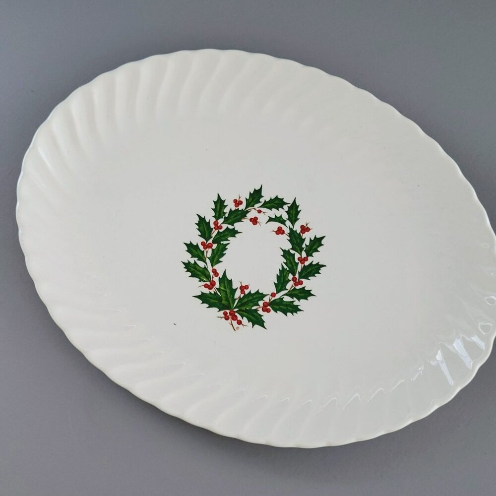 Scio Holly Berry 12" Oval Platter, Scalloped Edge, Vintage Christmas Dishes